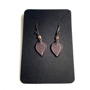 Purple Leaf Dangle Earrings Glass Bead Accents Silver Tone Hooks Artisan Handmad